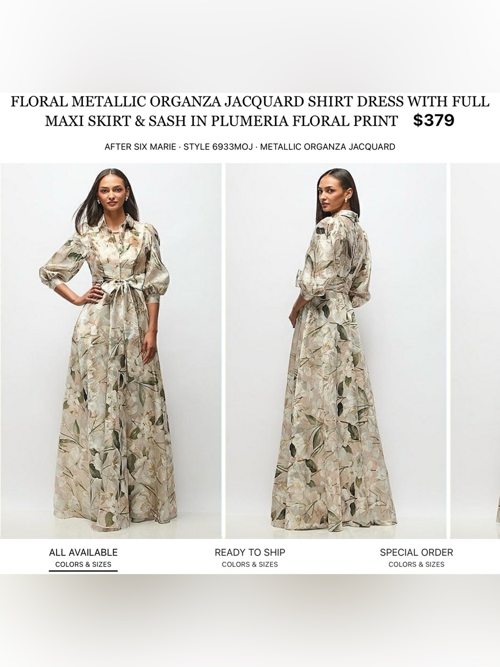 Dessy Collection Floral Metallic Organza Maxi Dress in Cream and Green
